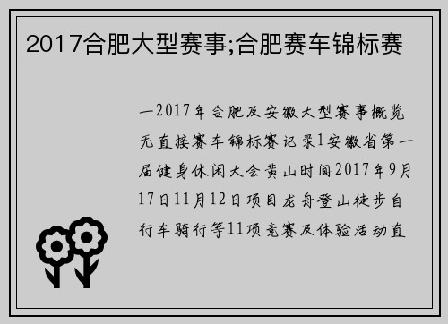 2017合肥大型赛事;合肥赛车锦标赛